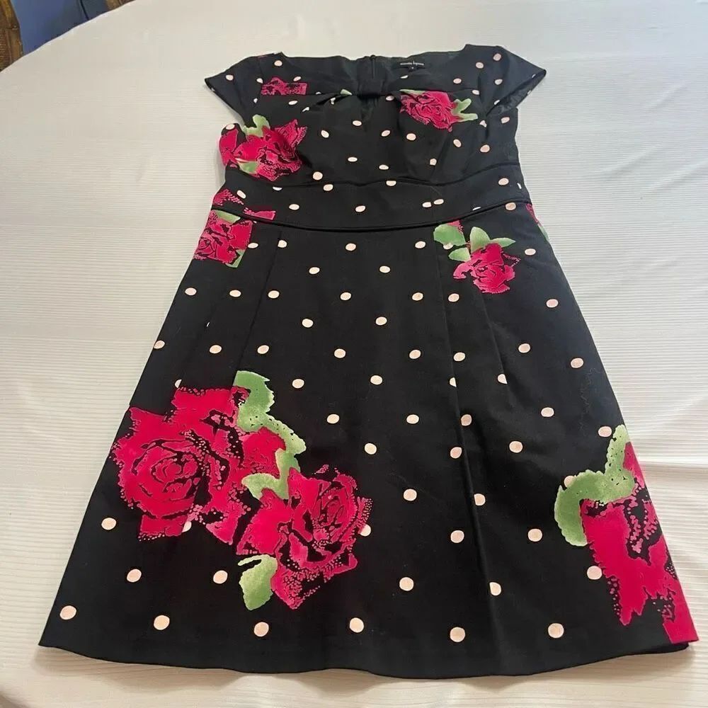 Nanette Lepore Black Floral Polka Dot Print Fit & FlareβDress Size 6